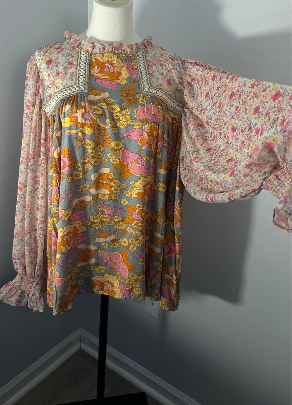 Western Boho Floral Mixed Print Peasant Blouse Lace Trim Balloon Sleeve